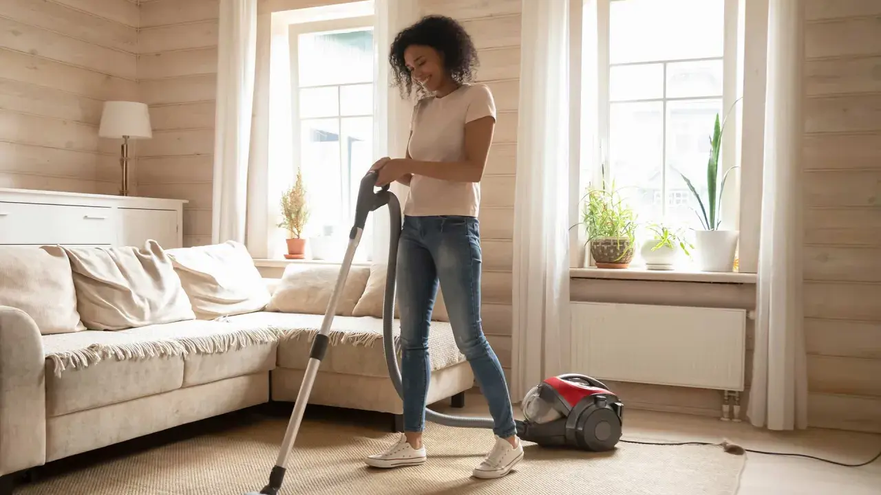Frau saugt Teppichboden im Wohnzimmer. Erst saugen oder erst staubwischen? Sie hat sich fürs Saugen entschieden.