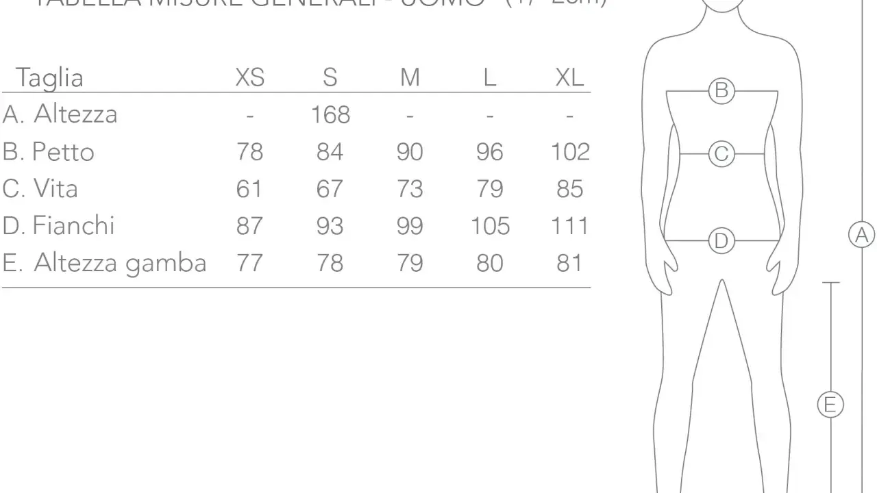 Tabella misure uomo: taglia small (S) con altezza 168 cm, petto 84 cm, vita 67 cm, fianchi 93 cm, altezza gamba 78 cm.