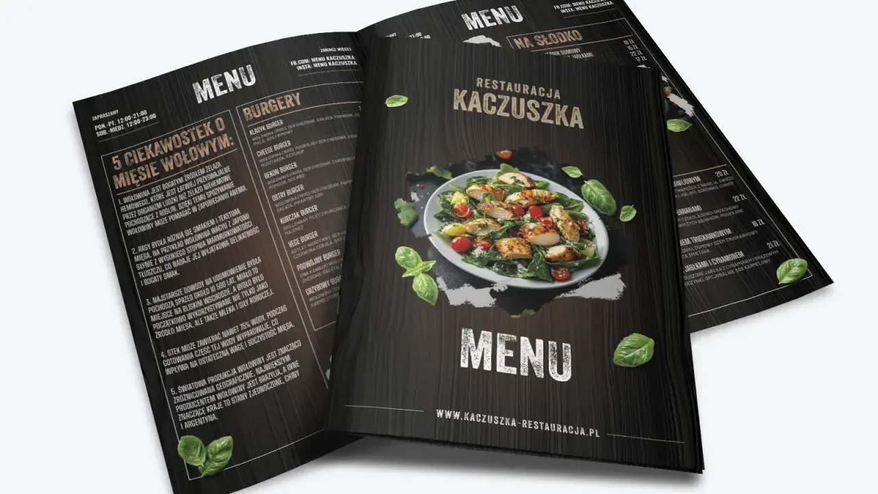 Eleganckie menu restauracji Kaczuszka z apetycznym zdjęciem kurczaka i sałatki. Projekt menu zawiera sekcje z burgerami i deserami.