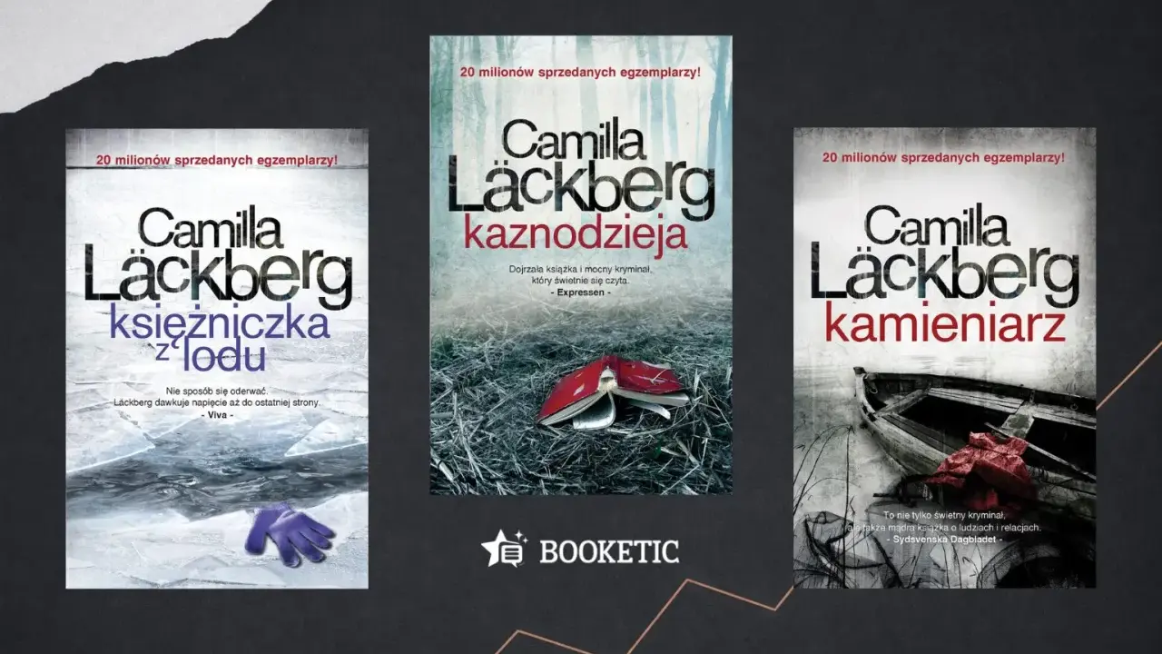 Okładki książek z serii Camilla Läckberg: "Księżniczka z lodu", "Kaznodzieja" i "Kamieniarz".