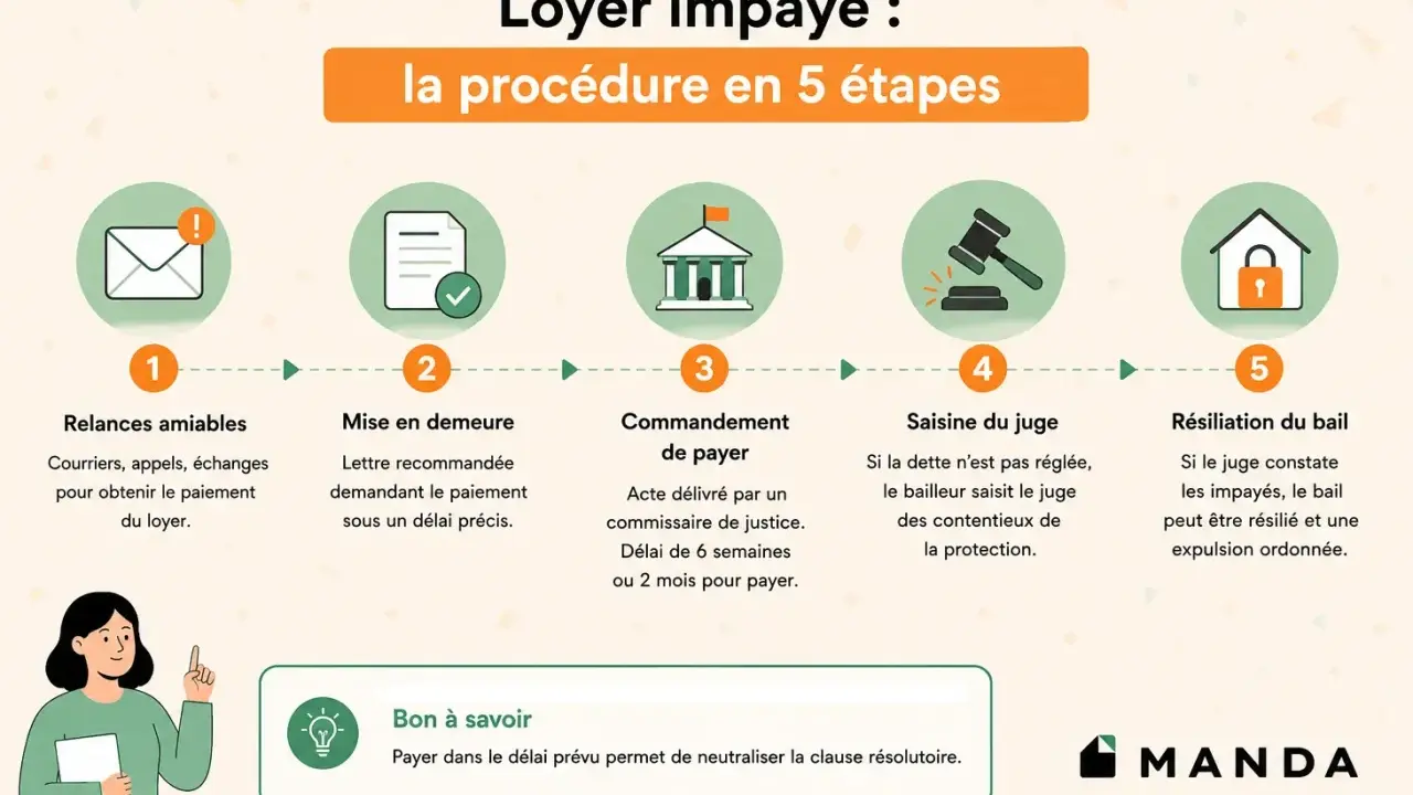 Procédure en 5 étapes pour loyer impayé : relances, mise en demeure avec délai, commandement de payer, saisine du juge, résiliation du bail.