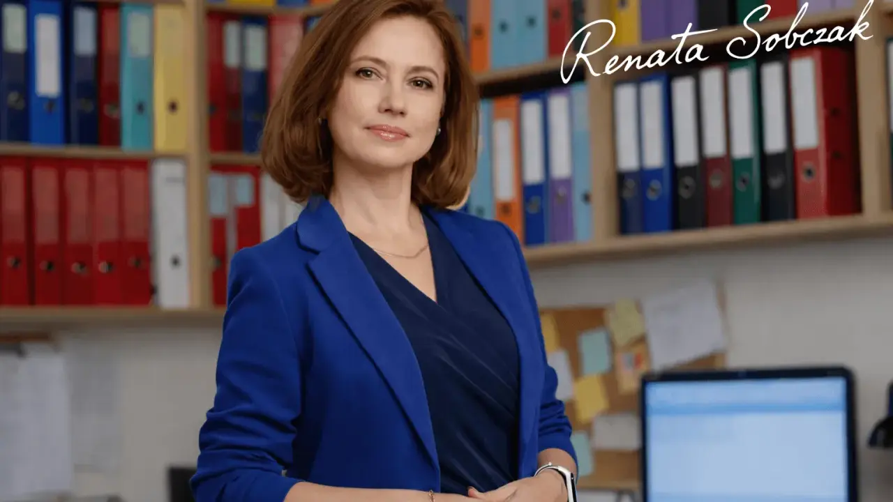 Kobieta w niebieskiej marynarce stoi przed regałami z segregatorami.