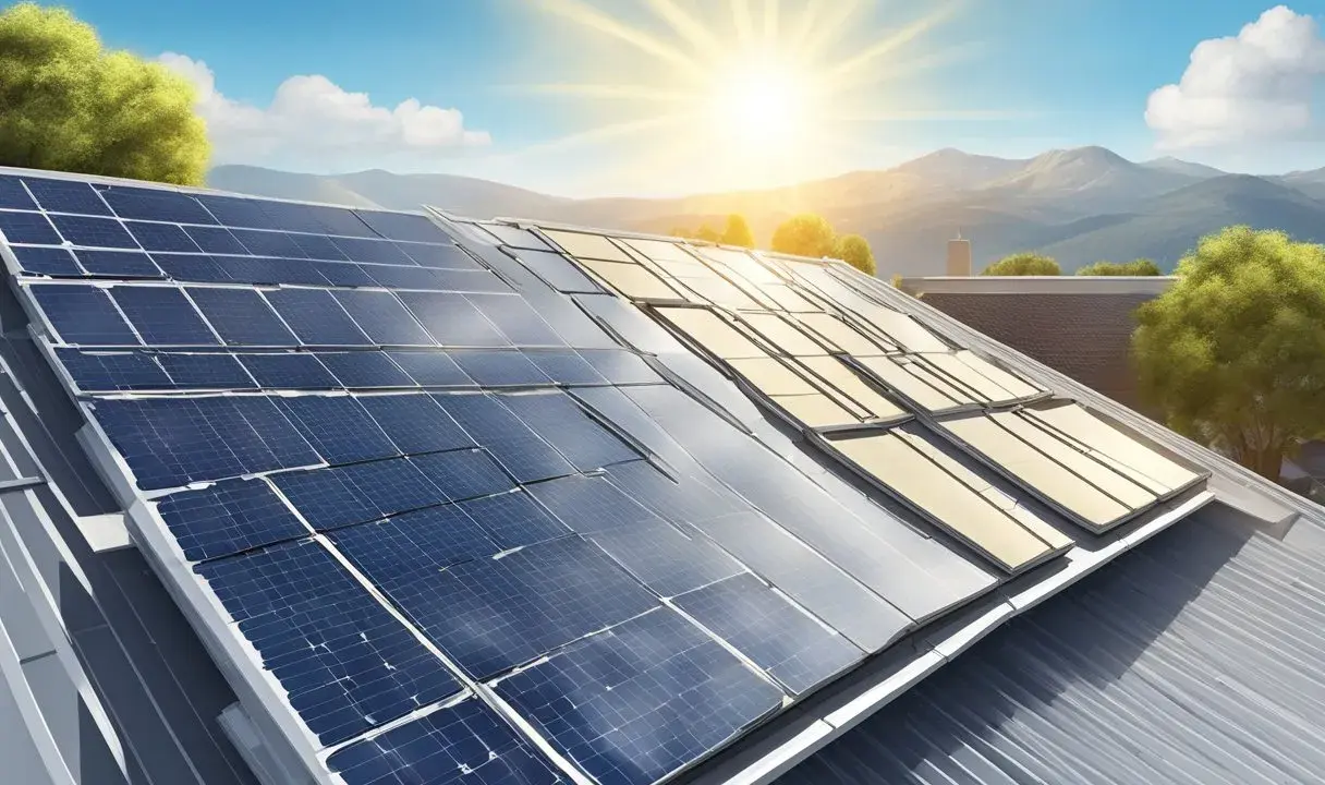 Solceller på ett tak under en solig himmel. En fråga om solceller eller inte, men här fångar de solljuset.