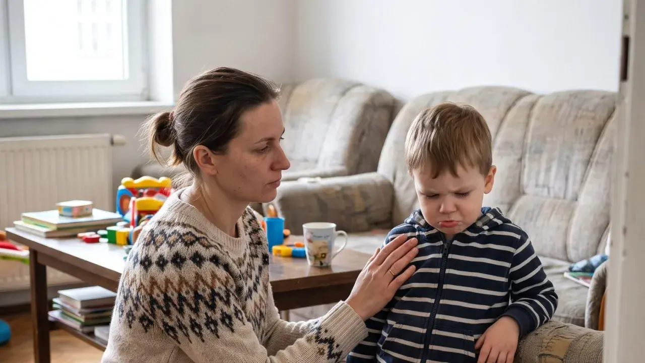 Mama uspokaja dziecko, które wpada w histerię z byle powodu. W tle widać kanapę i stolik z zabawkami.