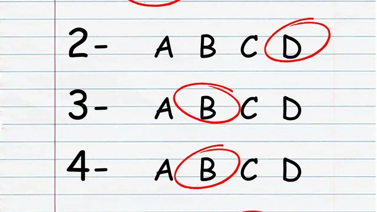Liste mit nummerierten Fragen und Auswahlmöglichkeiten (A, B, C, D). Einige Antworten sind rot eingekreist, was die Bedeutung der Noten verdeutlicht.