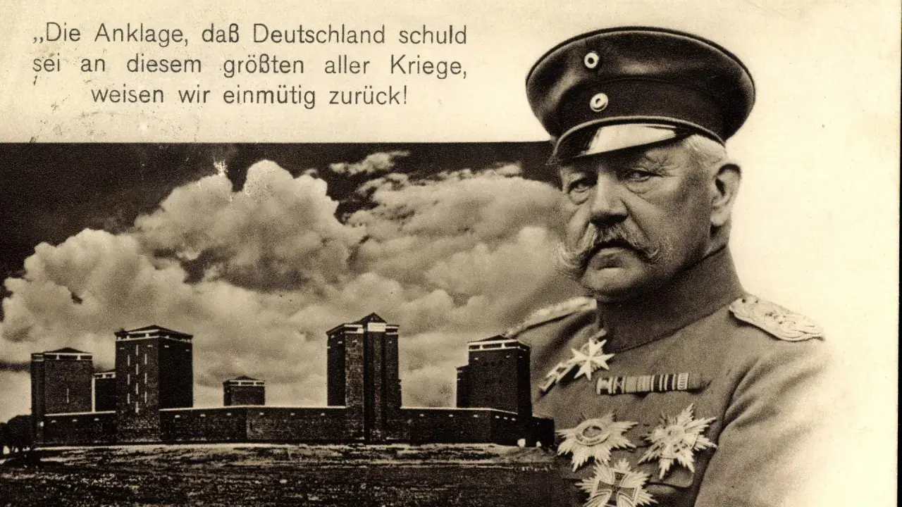 Ein deutscher General lehnt die Kriegsschuld des 1. Weltkriegs ab. Im Hintergrund eine Festung.