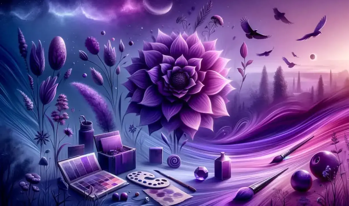 Artystyczna wizja, gdzie znaczenie koloru fioletowego ożywa w magicznym krajobrazie. Fioletowe kwiaty, ptaki i artystyczne przybory tworzą surrealistyczny sen.