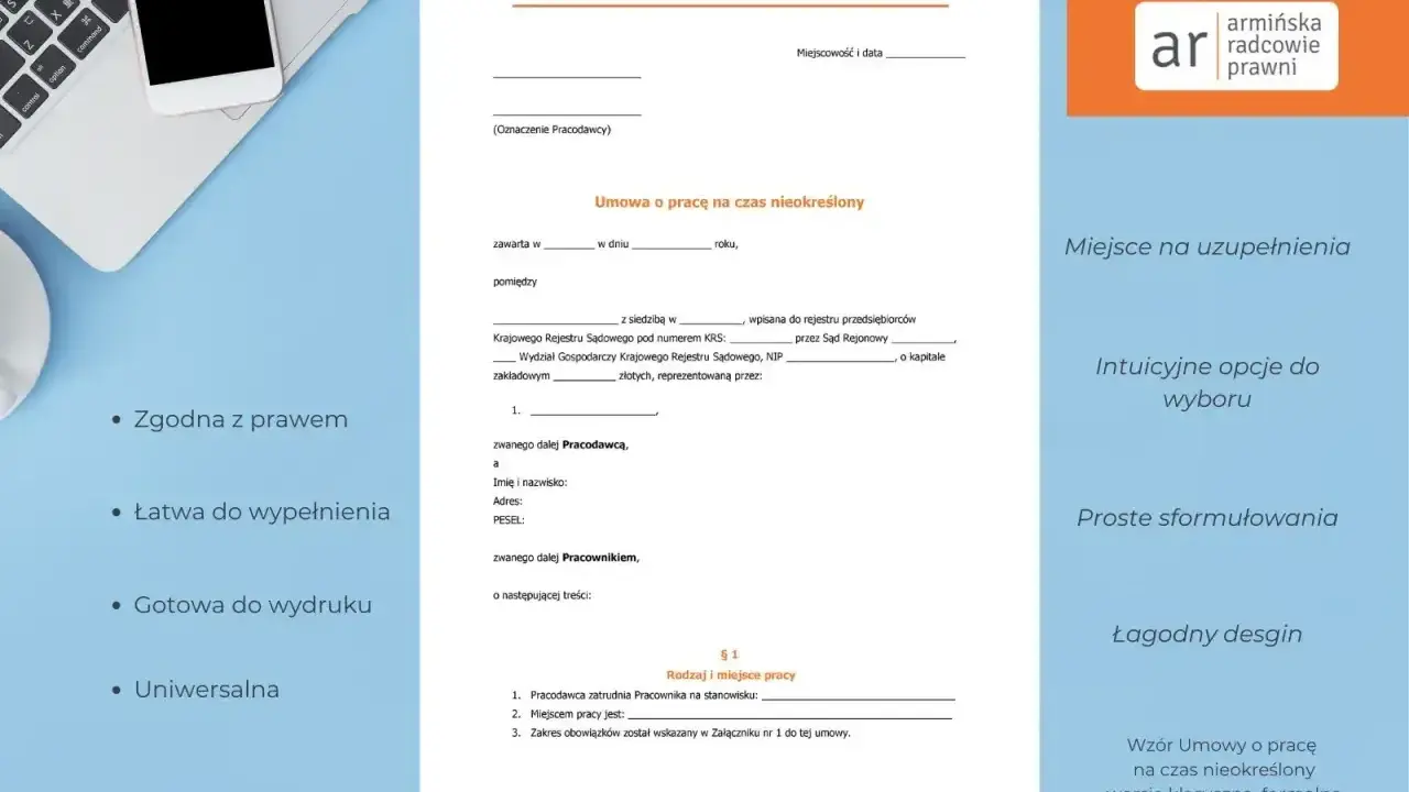 Wzór umowy o pracę na czas nieokreślony, idealny jako umowa na zastępstwo. Zgodna z prawem, łatwa do wypełnienia.