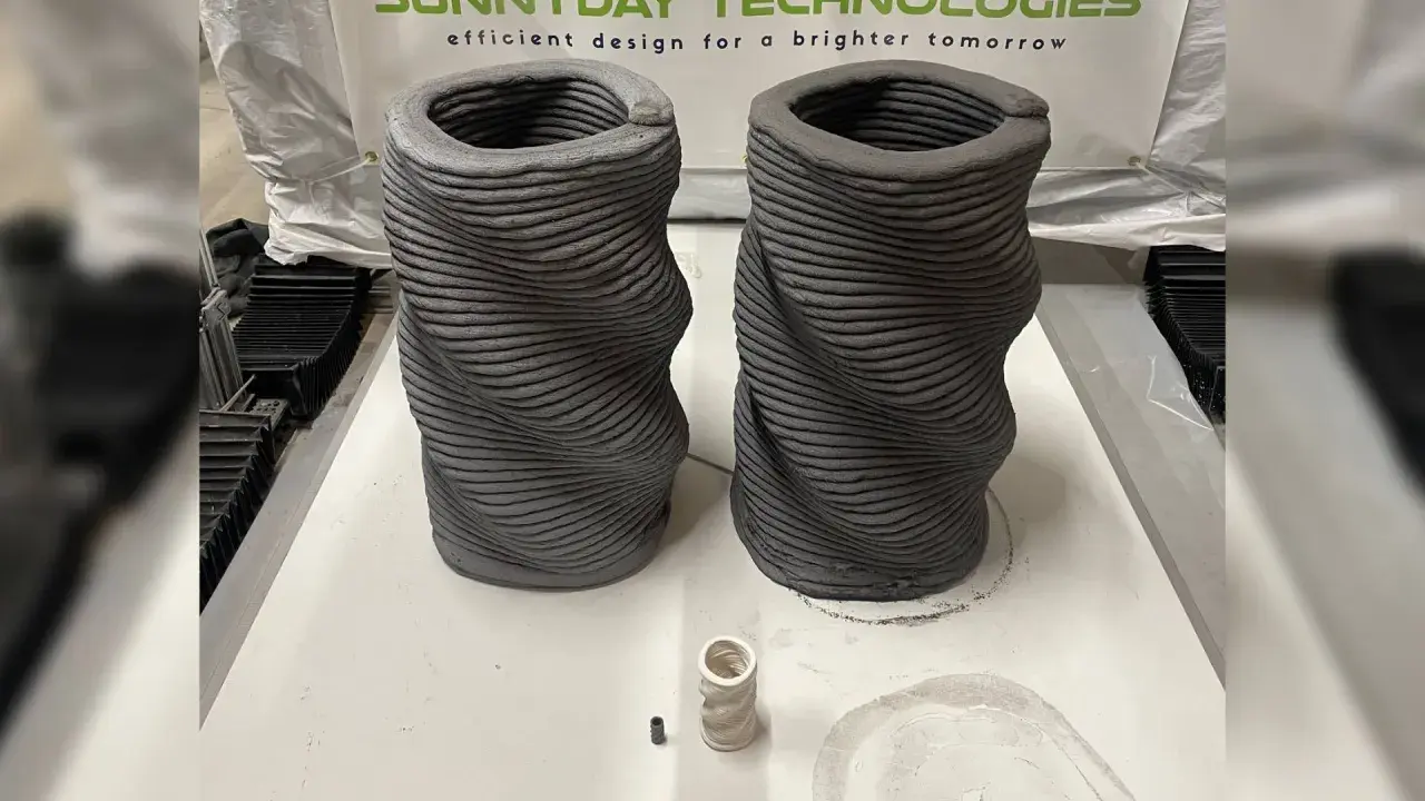 Dos jarrones retorcidos creados mediante impresión 3D hormigón. Se aprecian las capas de material.