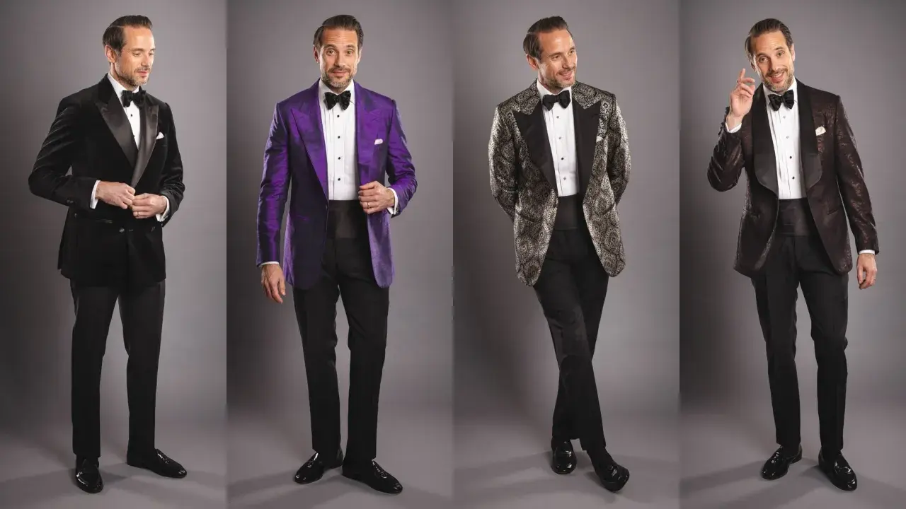 Four men in tuxedos. The first has a black velvet tuxedo with a satin lapel. The second wears a vibrant purple tuxedo. The third sports a patterned jacket with a black lapel. The fourth has a dark patterned tuxedo.