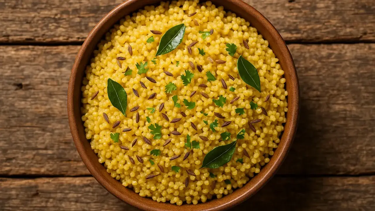 Eine Schüssel voller goldener Hirse, garniert mit Kümmelsamen und frischer Petersilie. Ein gesundes Abendessen, das Energie für den nächsten Tag gibt.
