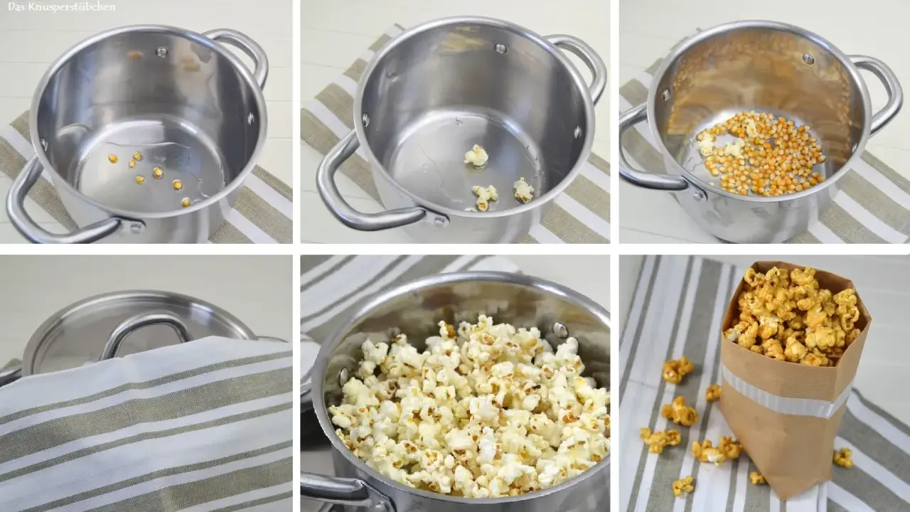 Schritt-für-Schritt-Anleitung, wie man Popcorn selber machen kann: Maiskörner in Öl erhitzen, bis sie aufplatzen. Fertiges Popcorn in einer Tüte.