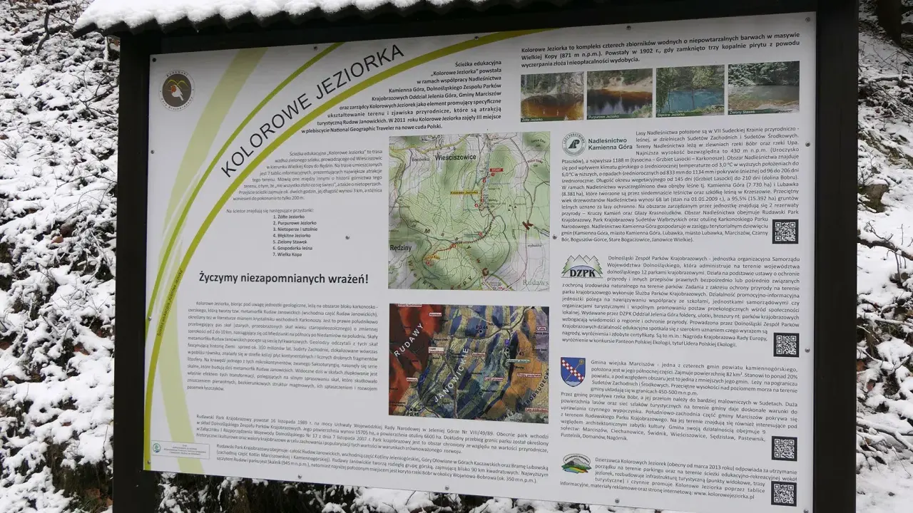 Kolorowe Jeziorka, cztery zbiorniki wodne o niepowtarzalnych barwach w masywie Wielkiej Kopy. Powstały w 1902 r., gdy zamknięto trzy kopalnie pirytu z powodu wyczerpania złoża.