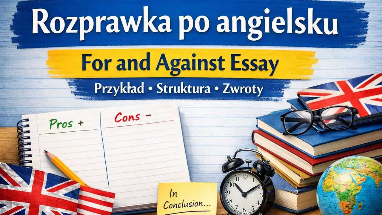 Nauka pisania rozprawki po angielsku: przykłady, struktura i zwroty. Notatnik z podziałem na plusy i minusy, flagi UK i USA, książki, budzik i globus.
