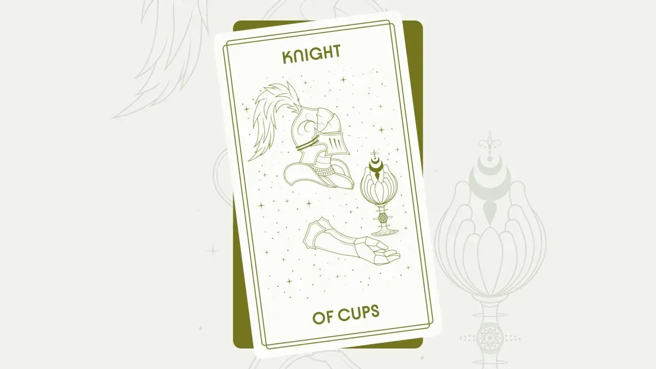 Rycerz Pucharów Tarot: hełm, puchar i dłoń w zbroi na tle gwiazd.