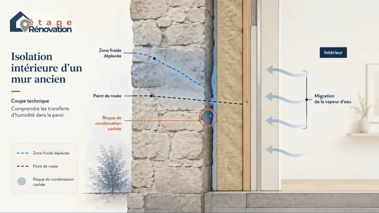Schéma d'isolation intérieure d'un mur ancien montrant le risque de condensation cachée et la migration de la vapeur d'eau.