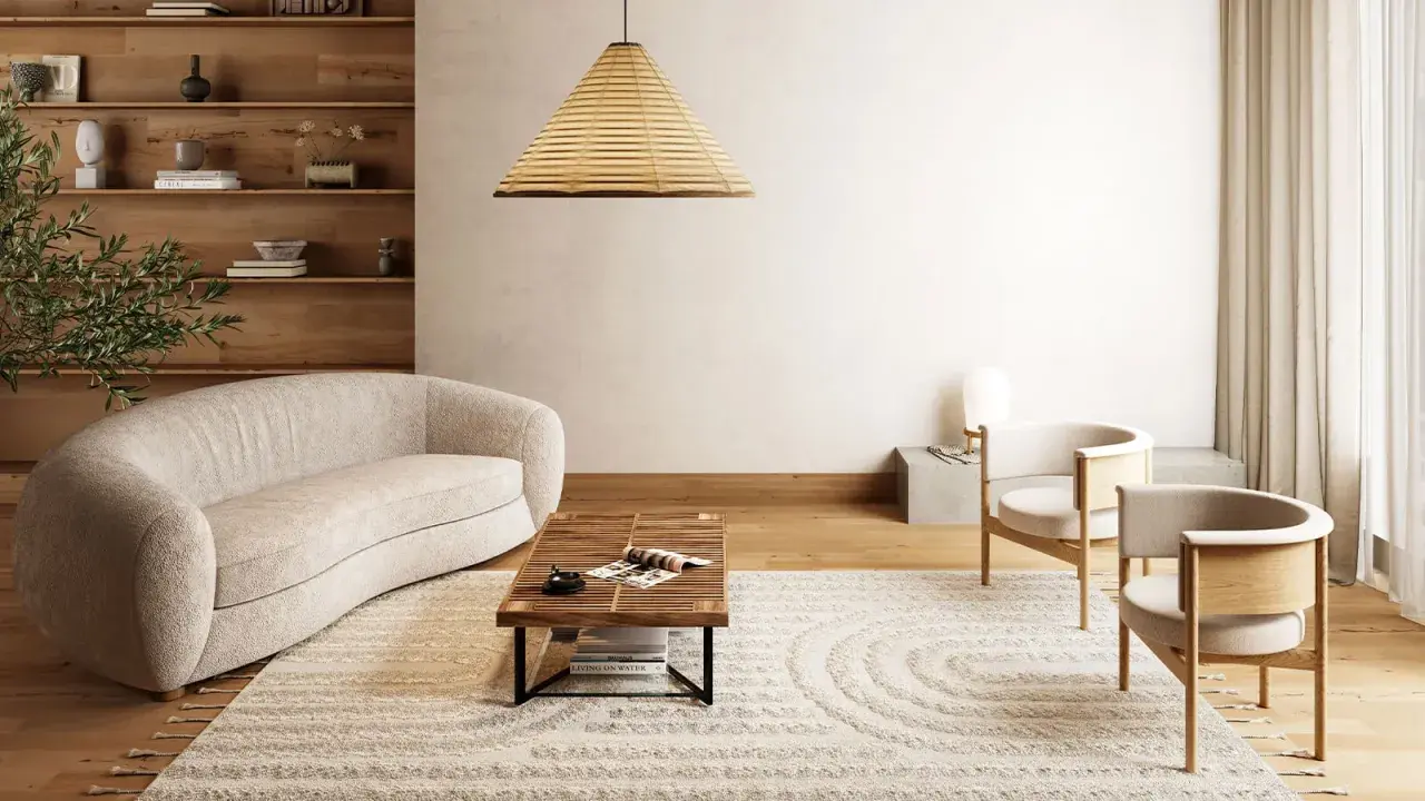 En modern lounge med en böjd soffa, träbord och två fåtöljer. Mattan med cirkelmönster ser ut att behöva fixa nedtrampad matta för att återfå sin form.