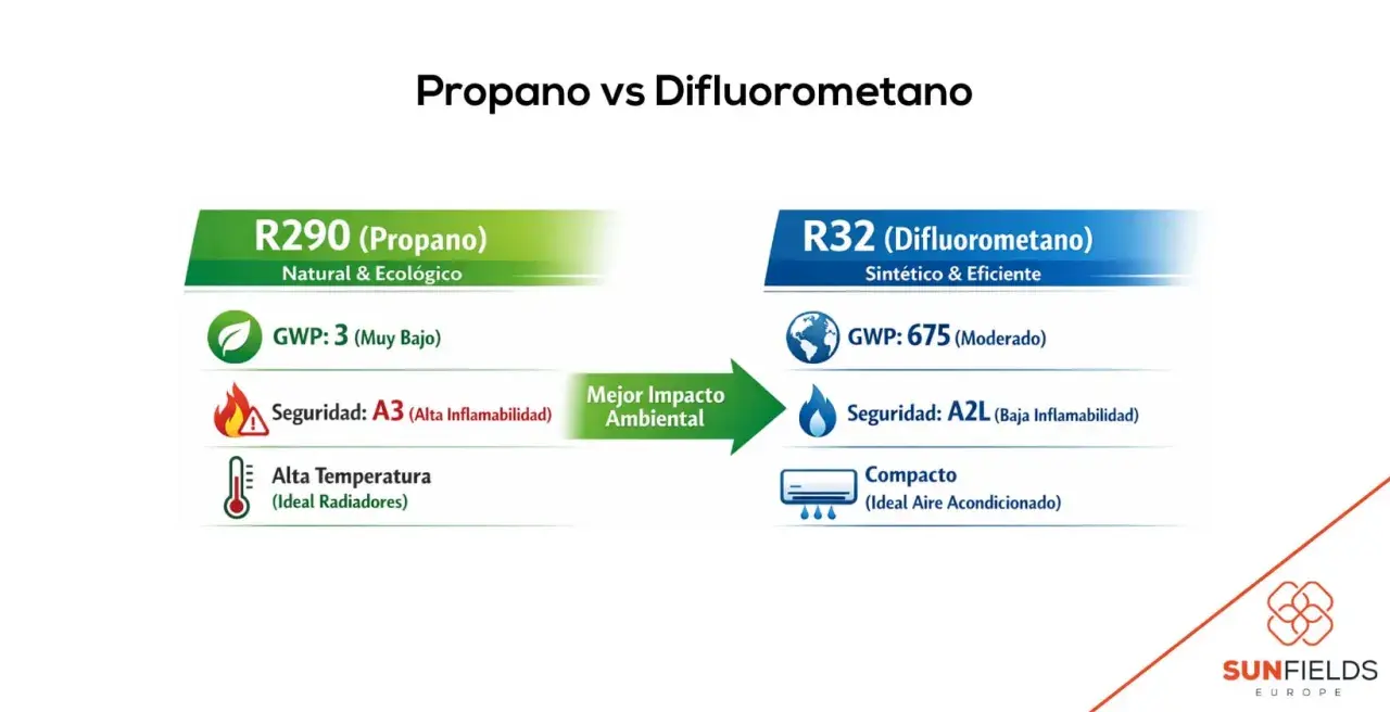 Comparativa de refrigerantes: R290 (Propano) natural y ecológico con GWP bajo, frente a R32. El refrigerante R290 es ideal para radiadores.