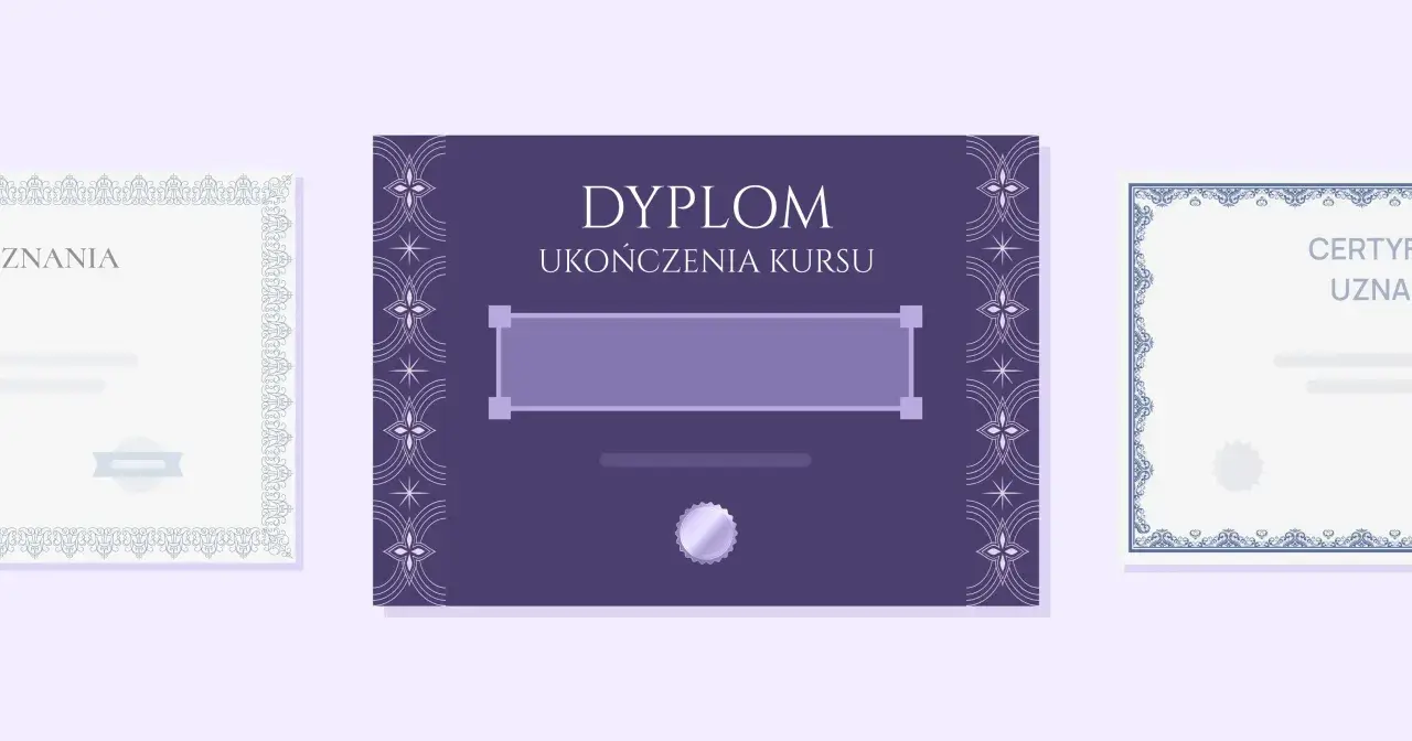 Eleganckie dyplomy do druku z ozdobnymi ramkami i miejscem na wpisanie danych.