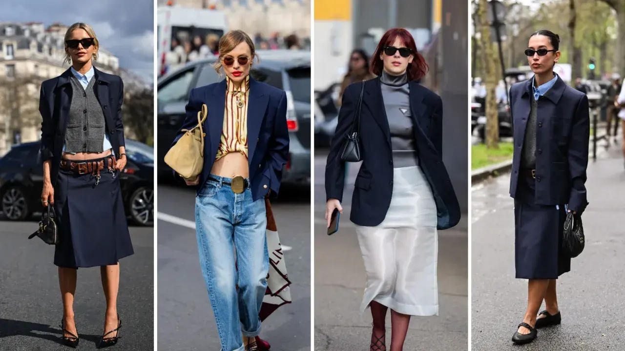 Quattro donne sfoggiano un elegante abbinamento giacca blu con gonne o jeans, dimostrando versatilità e stile.