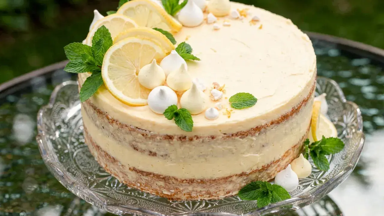 Cytrynowy tort z kremem lemon curd, udekorowany plasterkami cytryny, bezą i miętą.