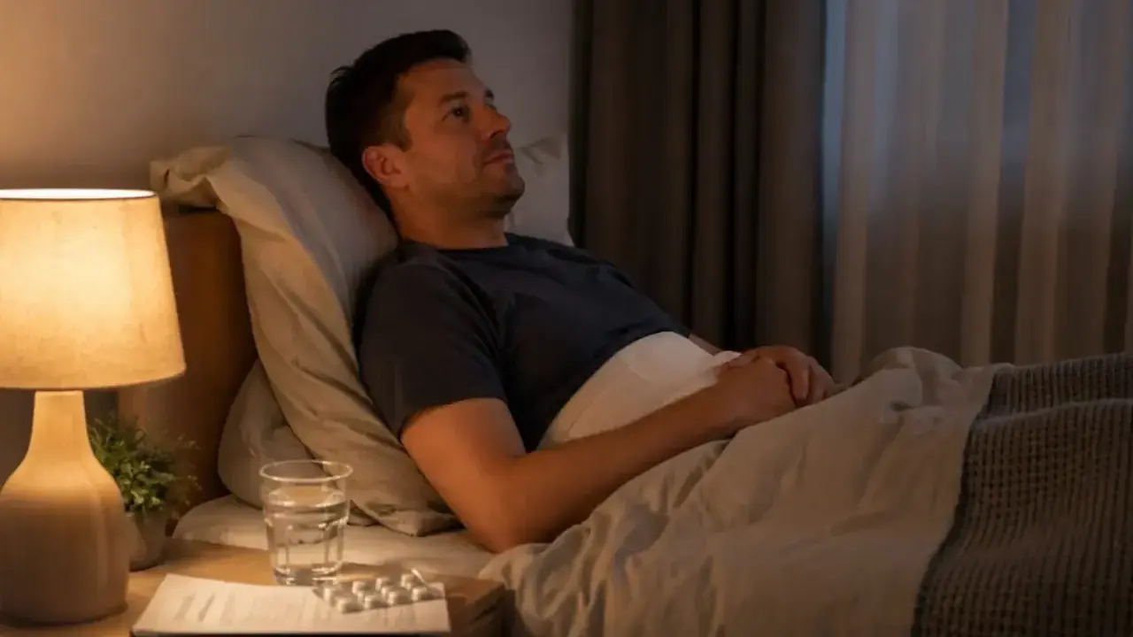 Mężczyzna leży w łóżku, zastanawiając się, jak spać po operacji żylaków. Na stoliku nocnym woda i leki.