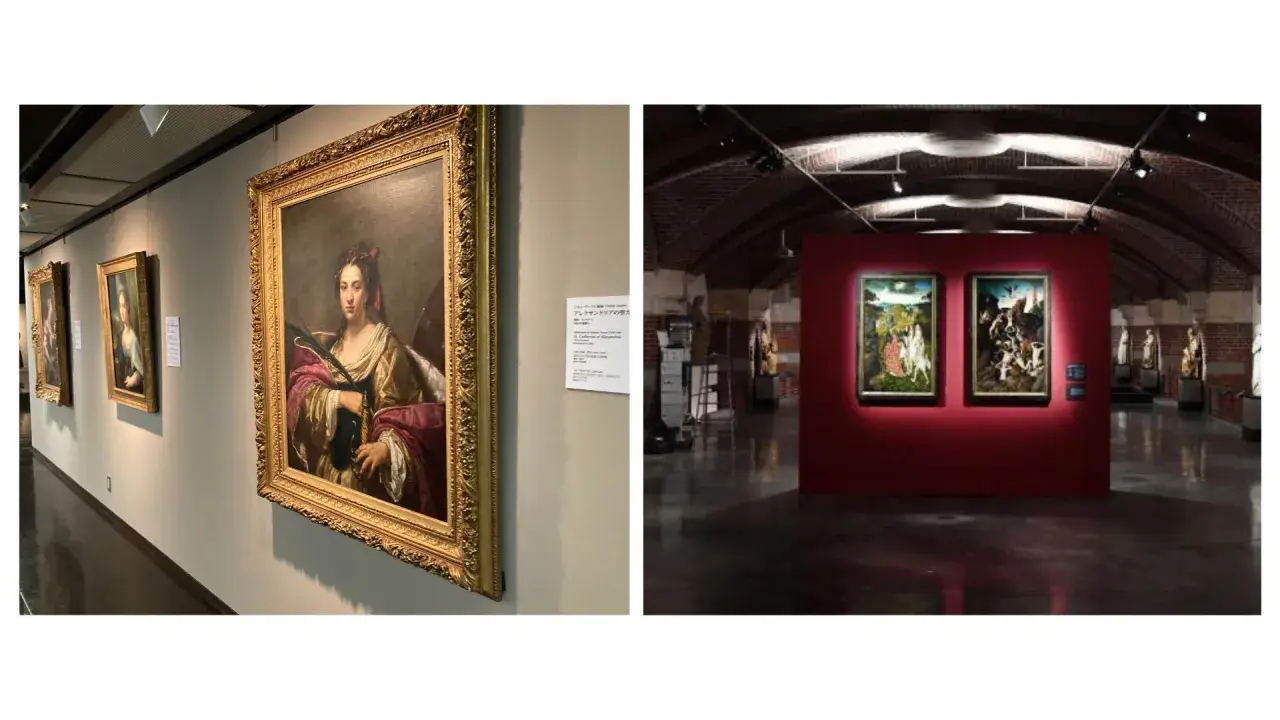 Portrait de femme, peut-être Flore, par Le Titien, dans une galerie d'art. Deux autres tableaux sont visibles à gauche.
