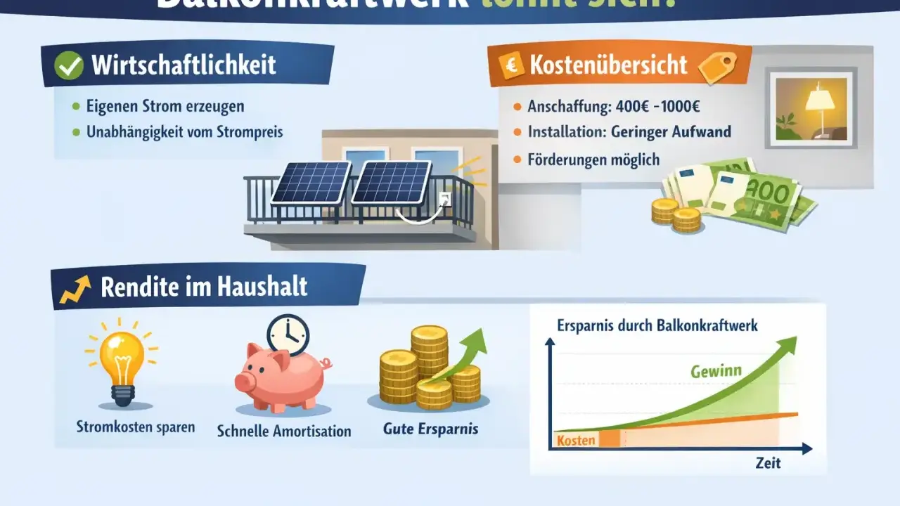 Balkonkraftwerk: Was ist das? Vorteile wie eigener Strom, Unabhängigkeit, Kostenübersicht & Rendite im Haushalt.