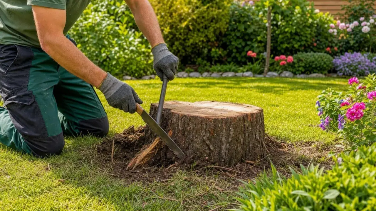 Un jardinier s'affaire à détruire une souche d'arbre avec une scie et un levier, dans un jardin fleuri et ensoleillé.