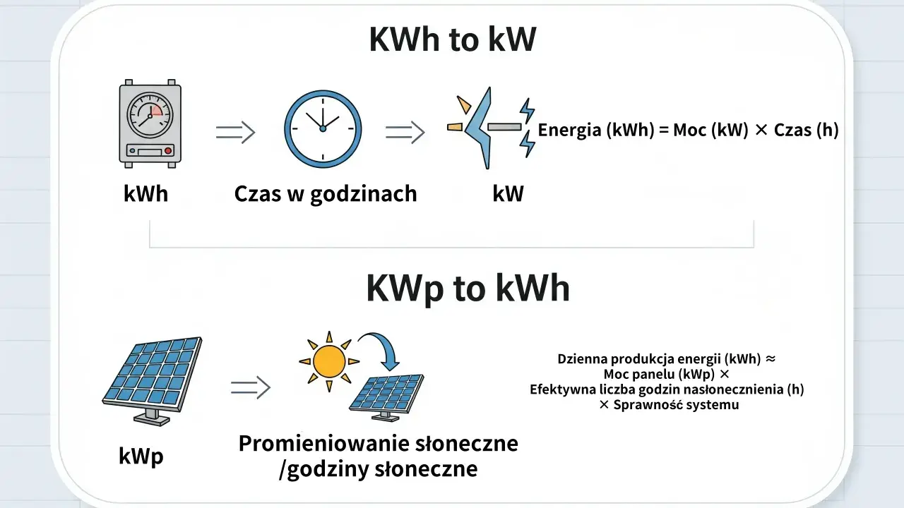 Wyjaśnienie: kwp co to. Schemat pokazuje, jak moc panelu (kWp) w połączeniu z godzinami słonecznymi daje dzienną produkcję energii (kWh).