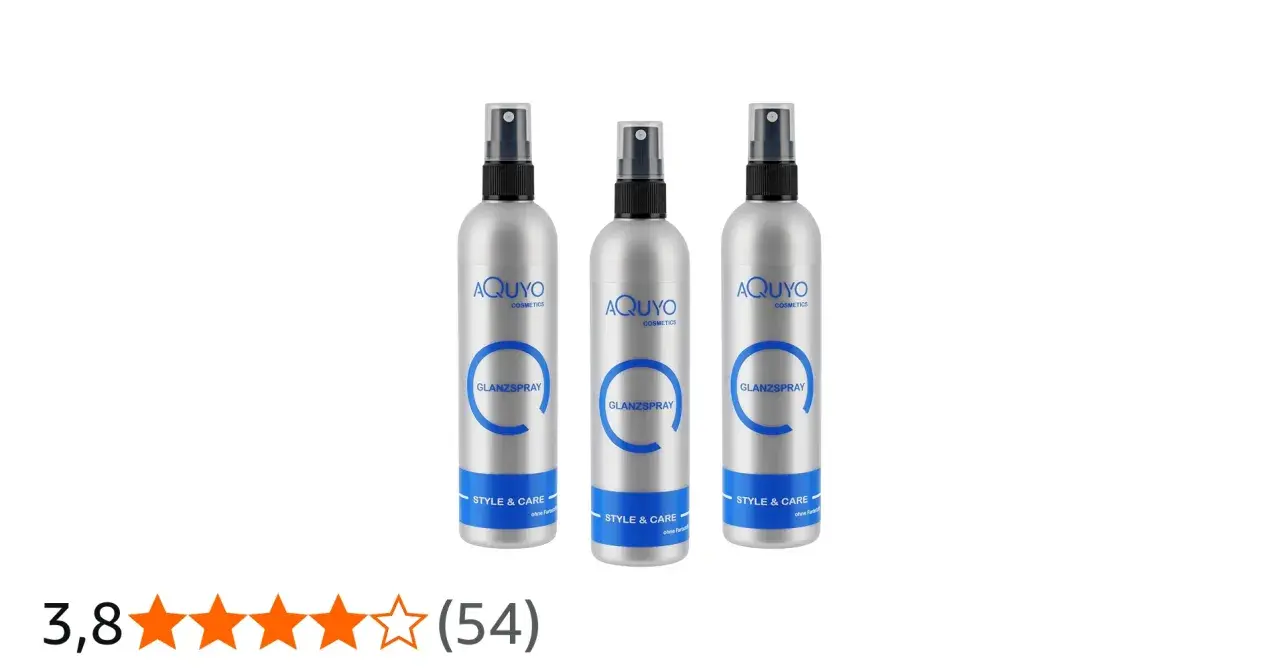 Drei Flaschen AQUYO Glanzspray für Haare, die für strahlenden Glanz und Pflege sorgen.