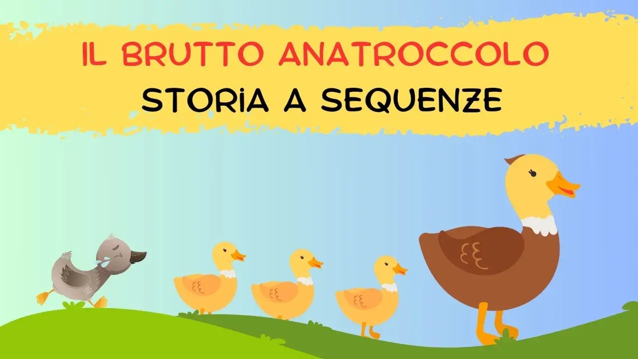 Il brutto anatroccolo: immagini per raccontare una storia. Un anatroccolo grigio corre verso una famiglia di anatre gialle.