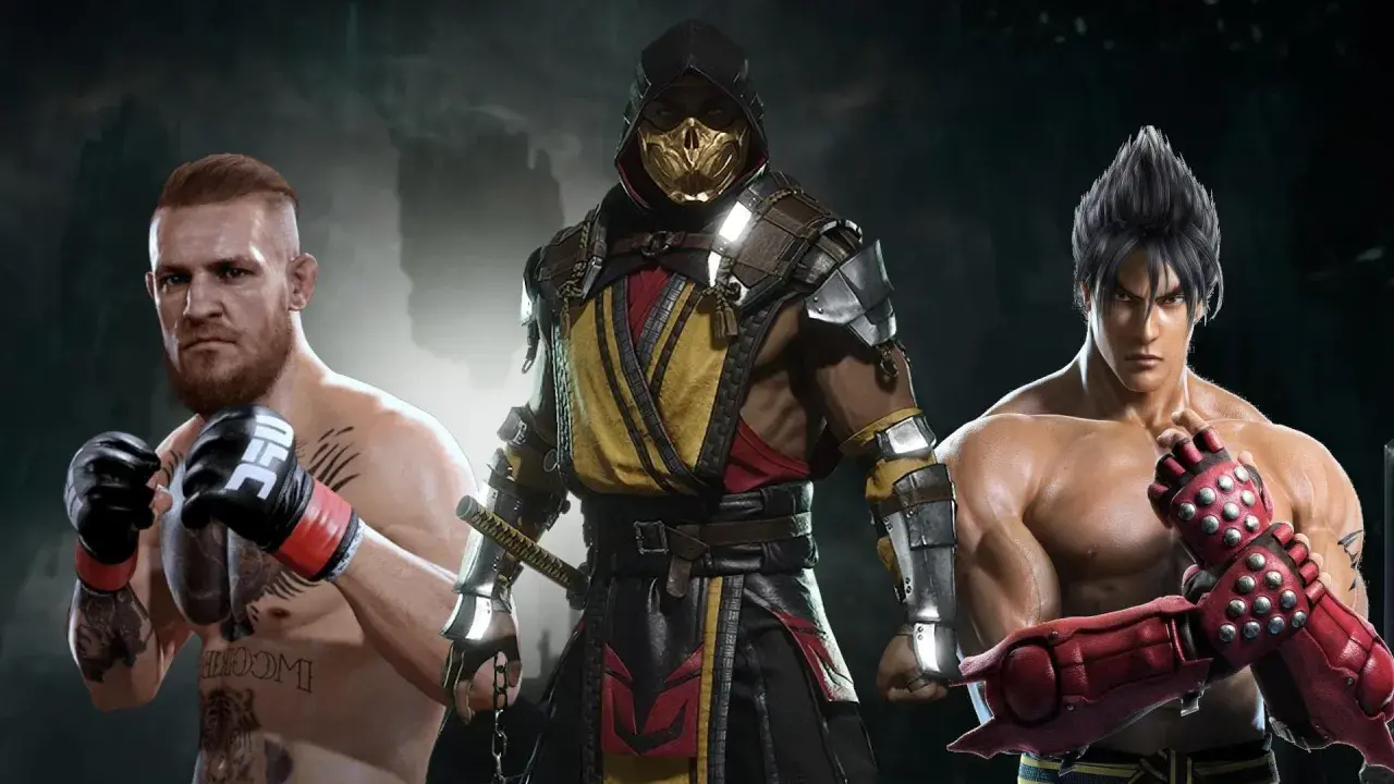 Trzech wojowników: Conor McGregor, Scorpion z Mortal Kombat i Jin Kazama z Tekkena, gotowi do walki w grach podobnych do Mortal Kombat.