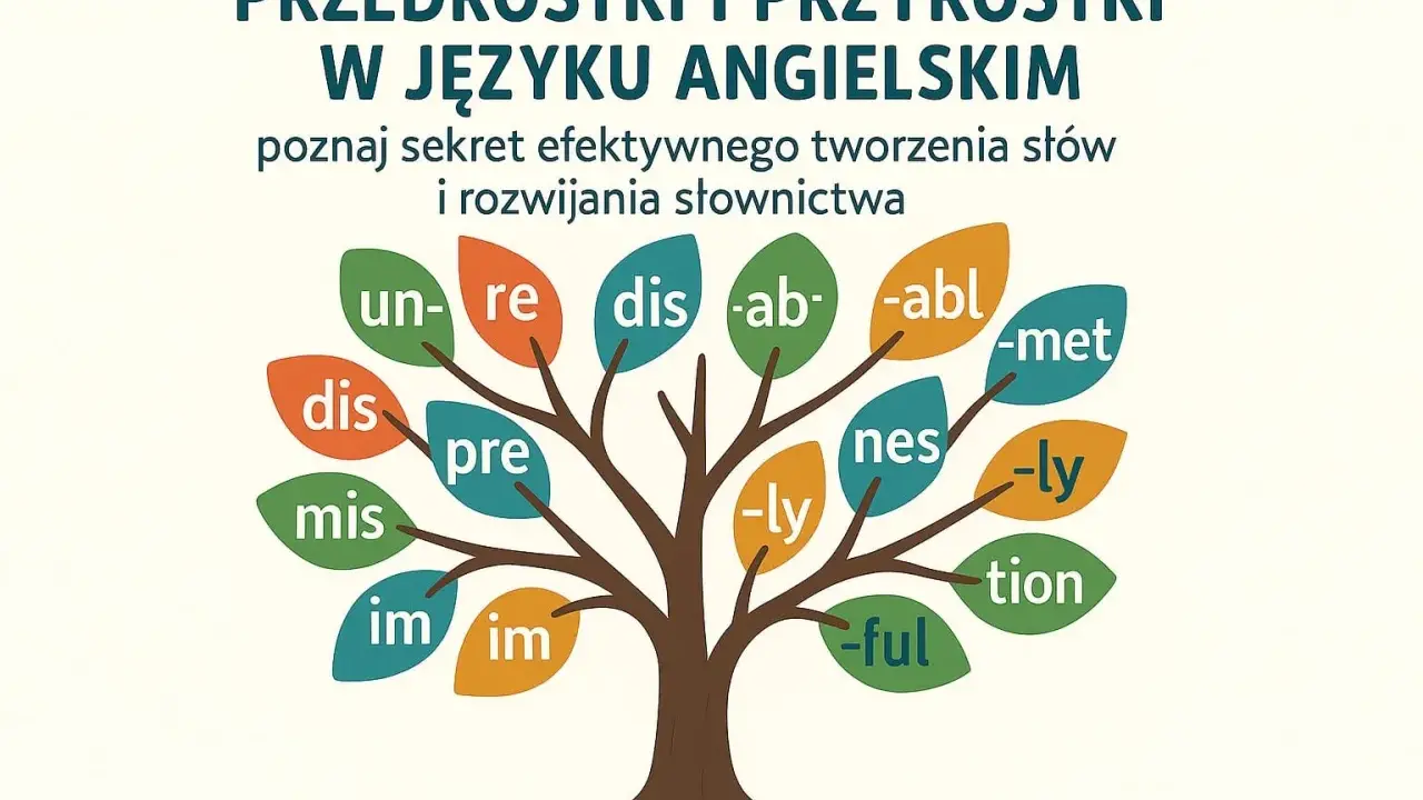 Drzewo wiedzy o angielskich przedrostkach i przyrostkach: un-, re-, dis-, mis-, im-, pre-, -ab-, -abl, -met, -ly, -ful, -tion, nes.