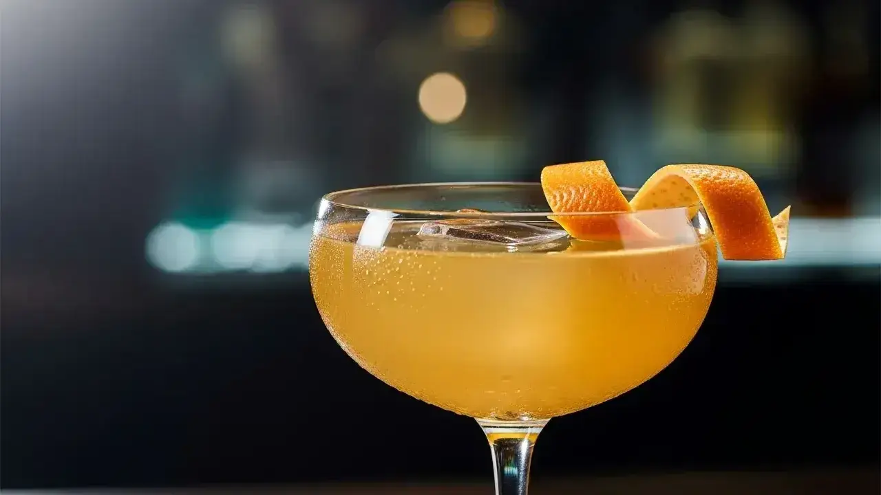 En gyllene cocktail i ett coupeglas, garnerad med en apelsinzest. Ett klassiskt, old fashioned recept som lockar.