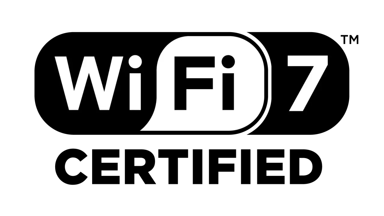 Logo Wi-Fi 7 blanc sur fond noir, annonçant la nouvelle norme wifi.