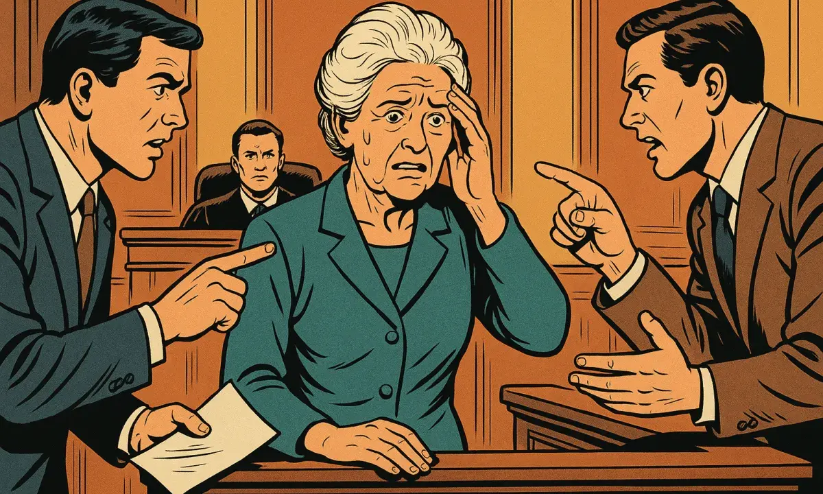 Una donna anziana, stressata, al centro di un processo. Due avvocati puntano il dito contro di lei, mentre il giudice osserva. La sua testimonianza è sotto pressione.