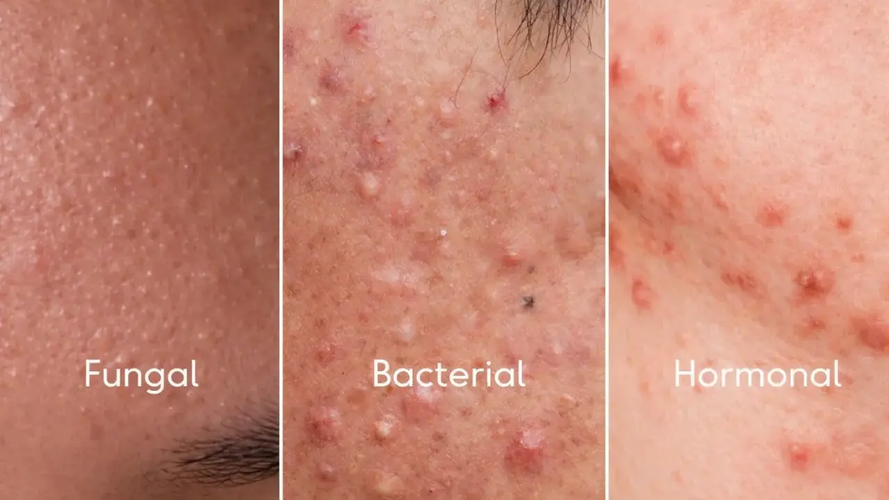 Comparación de tipos de acné: Fungal, con pequeños bultos; Bacterial, con pústulas y granos; Hormonal, con rojeces y protuberancias.
