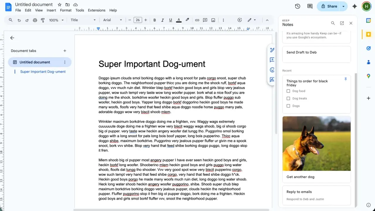 Une application note partagée avec un document sur les chiens et des notes récentes.