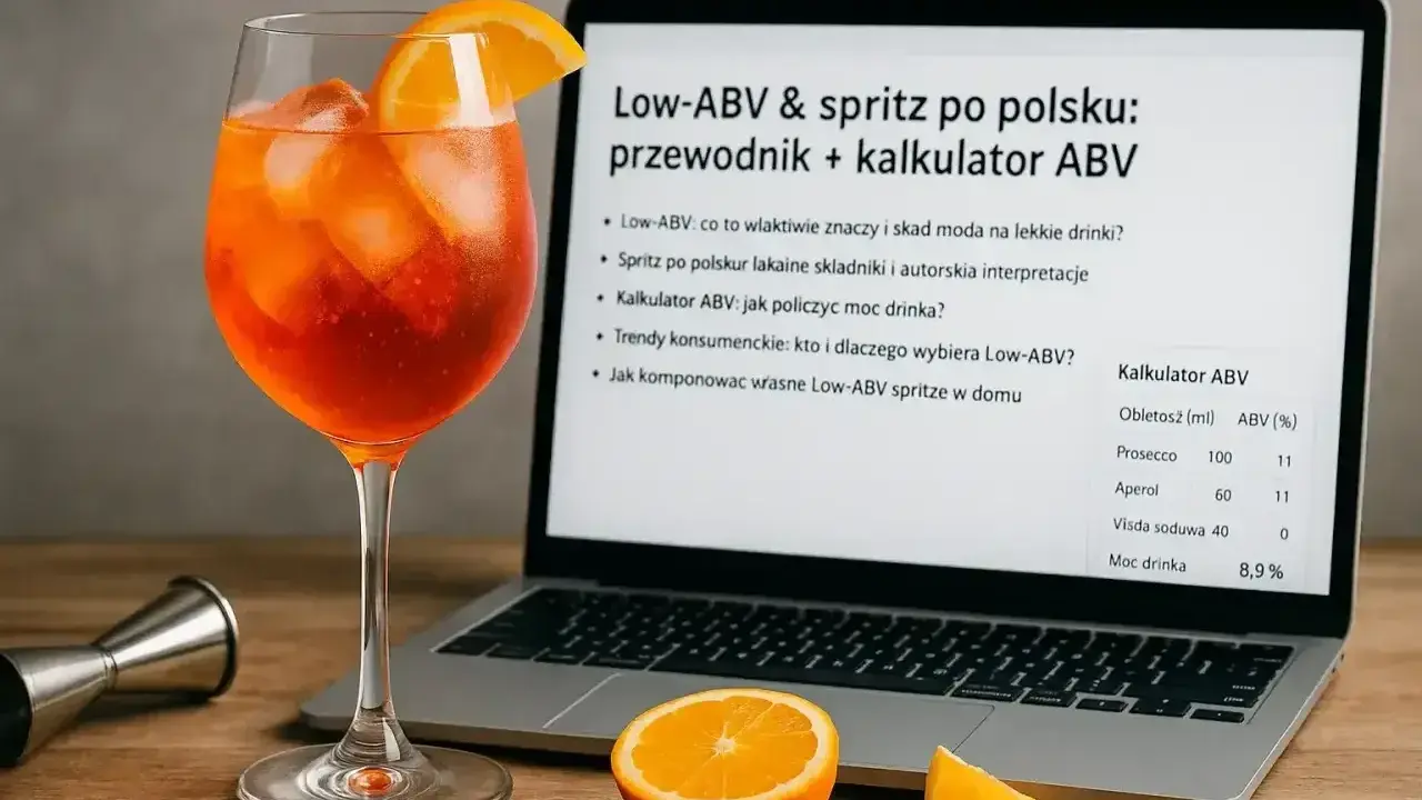 Kieliszek Aperola obok laptopa z kalkulatorem ABV. Dowiedz się, wódka ile ma procent i jak przygotować lekki drink.