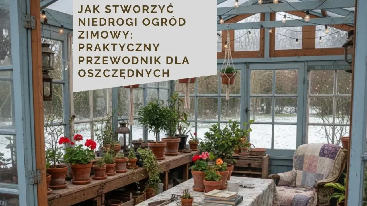 Szklarnia pełna roślin w doniczkach, z tekstem "Jak stworzyć niedrogi zimowy ogród". Tanie pomysły do ogrodu dla oszczędnych.