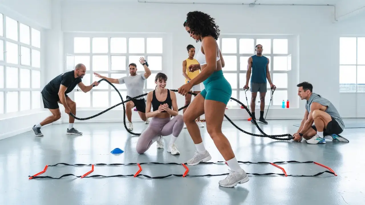 Gruppe trainiert mit Seilen und Leitern. Ein Mann gibt Anweisungen, während andere intensives Intervalltraining absolvieren.