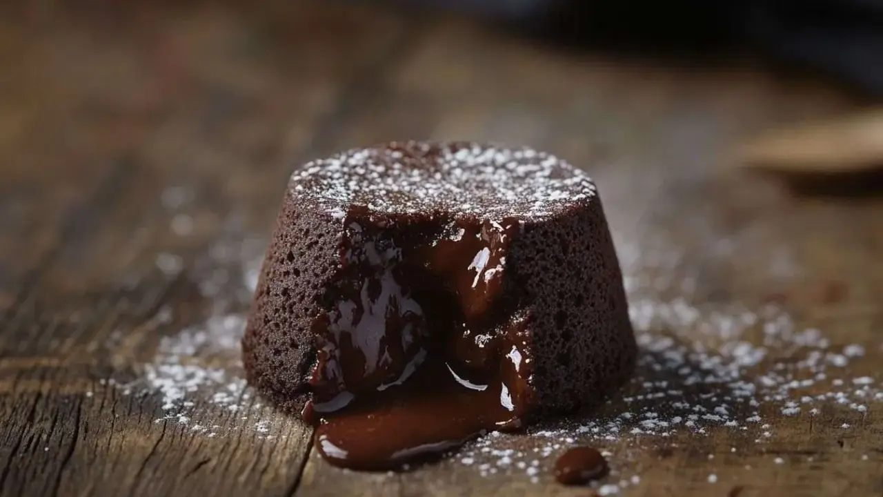 Un fondant au chocolat dégouline de sa ganache onctueuse sur une planche en bois rustique, saupoudré de sucre glace.