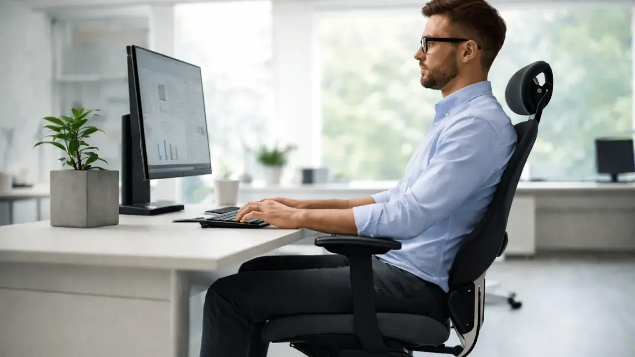Un homme en chemise bleue travaille sur son ordinateur, assis confortablement. Il sait comment bien s'asseoir pour être productif.