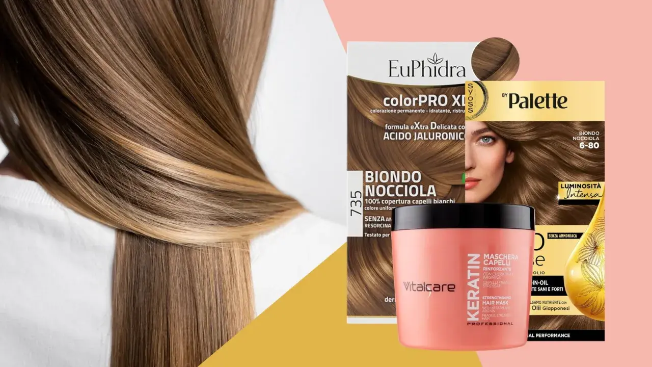 Capelli castano nocciola caramello, con tinte e maschere per un colore luminoso e sano.