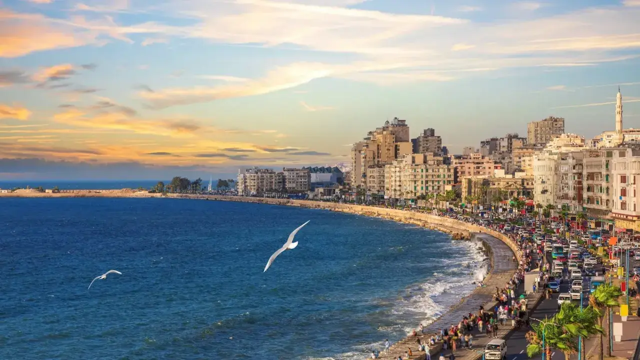 Il porto di Alessandria d'Egitto, con la sua vivace Corniche al tramonto, le onde del Mediterraneo e i gabbiani in volo.