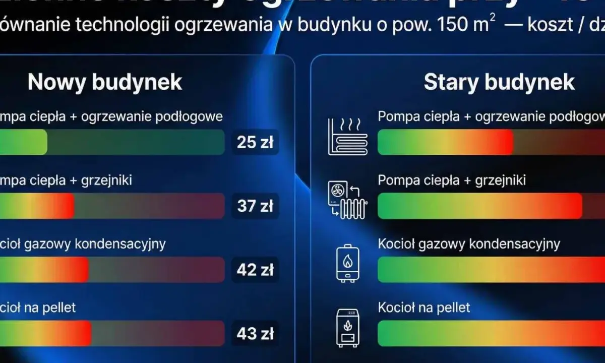 Porównanie kosztów ogrzewania w nowym i starym budynku. Wykres pokazuje, że pompa ciepła z ogrzewaniem podłogowym to najtańsza opcja.