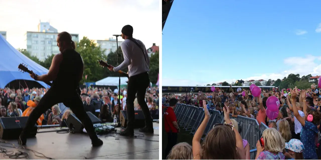 En livlig konsert i Stockholm med band på scen och en entusiastisk publik som viftar med ballonger.