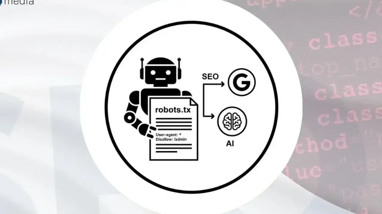 Grafika przedstawia robota trzymającego plik robots.txt, który wpływa na SEO i AI, symbolizowane przez logo Google i mózg.
