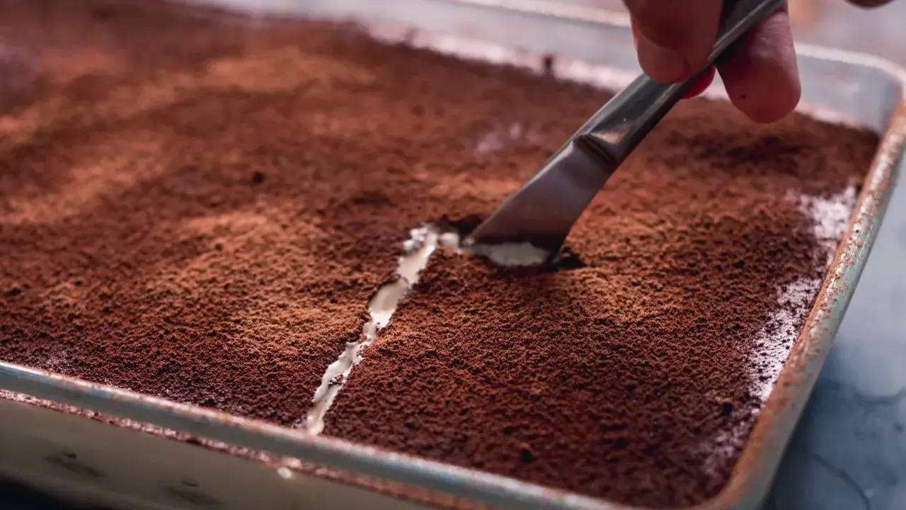 Kto pyta, czy mascarpone jest fit, gdy widzi tak kuszące tiramisu? Nóż kroi deser, odsłaniając kremową warstwę.